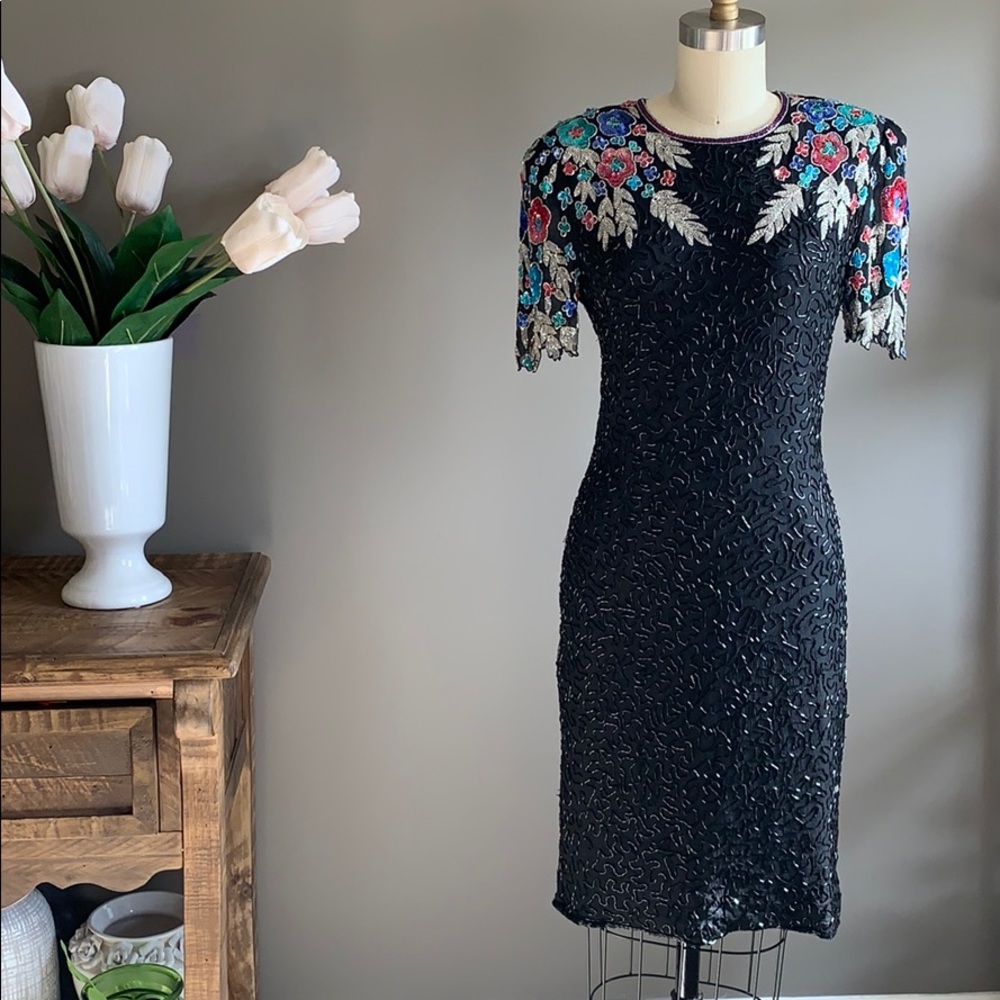 Vintage floral beaded sequin black dress XS silk